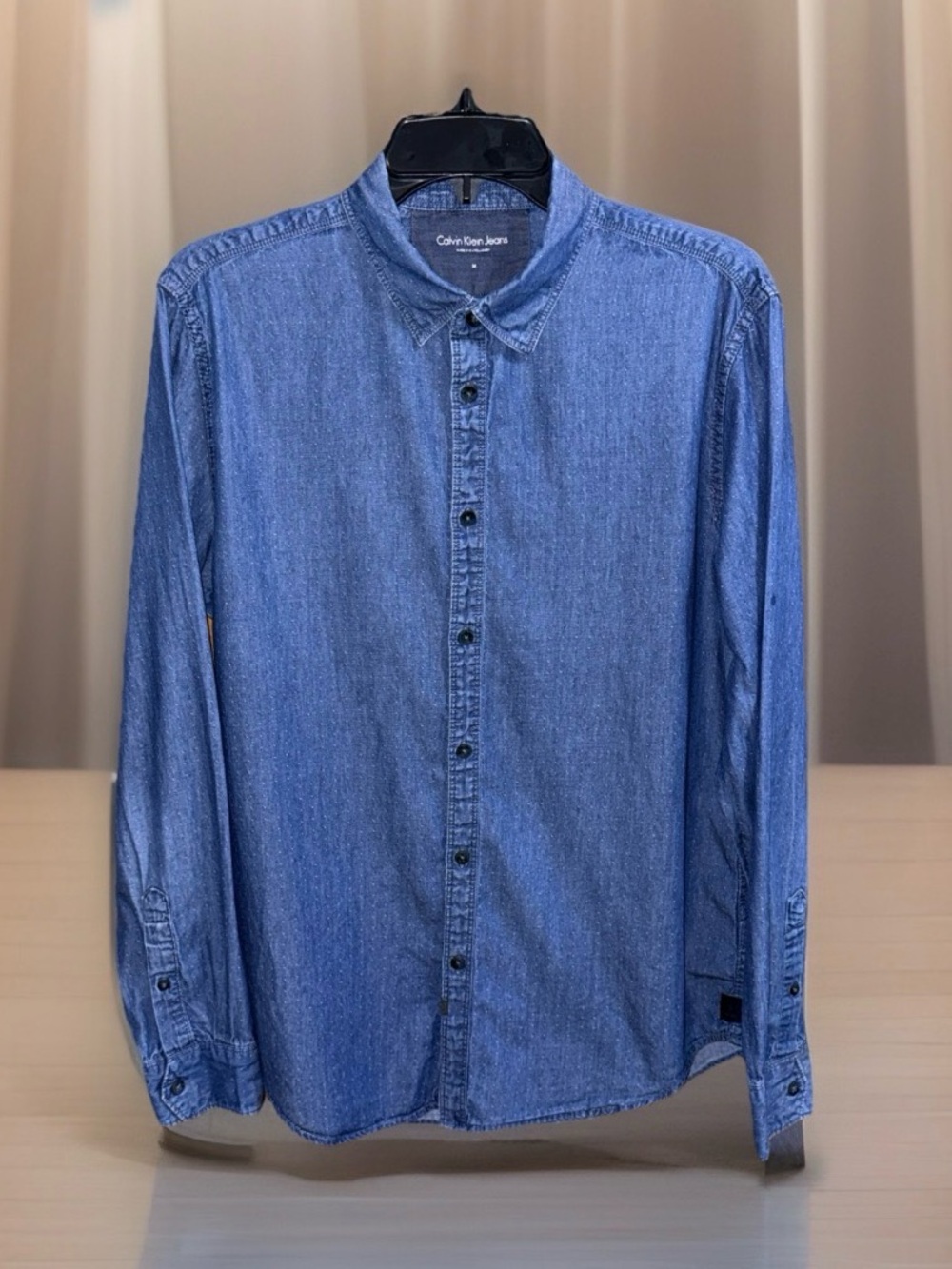 Calvin Klein Jeans Blue Stretch Denim Button-Up Shirt w/Micro Dot Pattern-M-EC